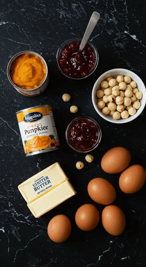The elegant, from-scratch ingredients for the gourmet Linzer-Hazelnut Pumpkin Pie recipe.