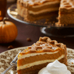 An elegant slice of homemade Linzer-Hazelnut Pumpkin Pie being served with a quenelle of whipped cream at a holiday dinner.