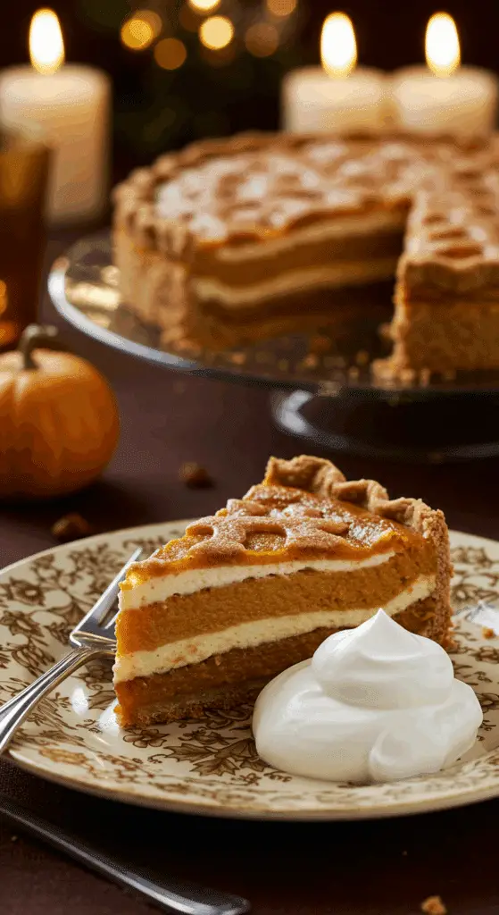 An elegant slice of homemade Linzer-Hazelnut Pumpkin Pie being served with a quenelle of whipped cream at a holiday dinner.