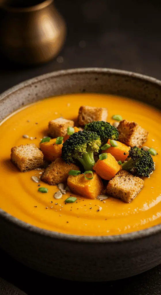 A beautiful, rustic bowl of homemade, creamy, and vibrant orange Carrot Ginger Soup, topped with a pile of roasted vegetables and croutons.