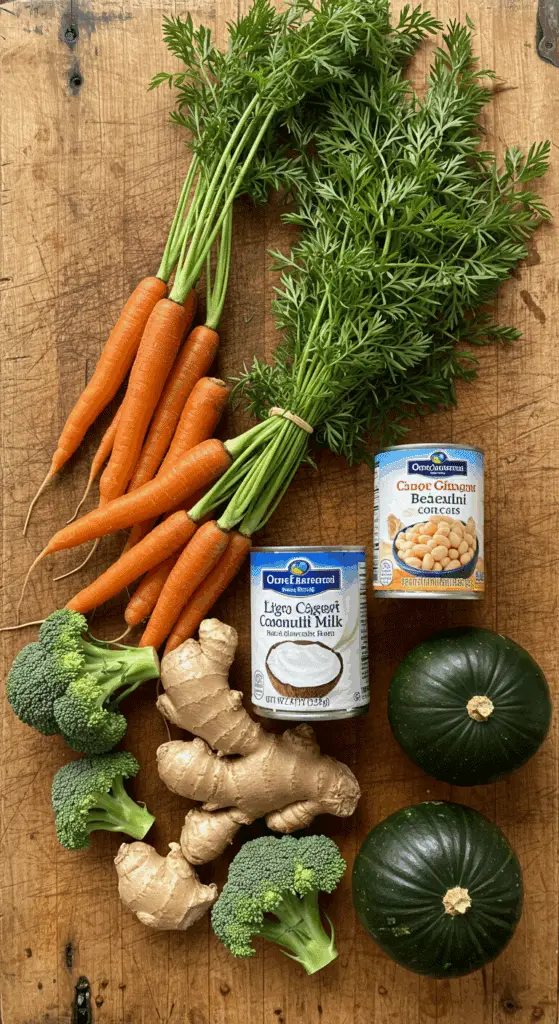 The fresh, wholesome ingredients for the hearty, from-scratch, vegan Carrot Ginger Soup recipe.