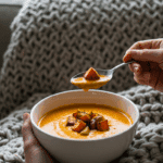 A person wrapped in a cozy blanket, happily eating a warm, steaming bowl of homemade Carrot Ginger Soup.