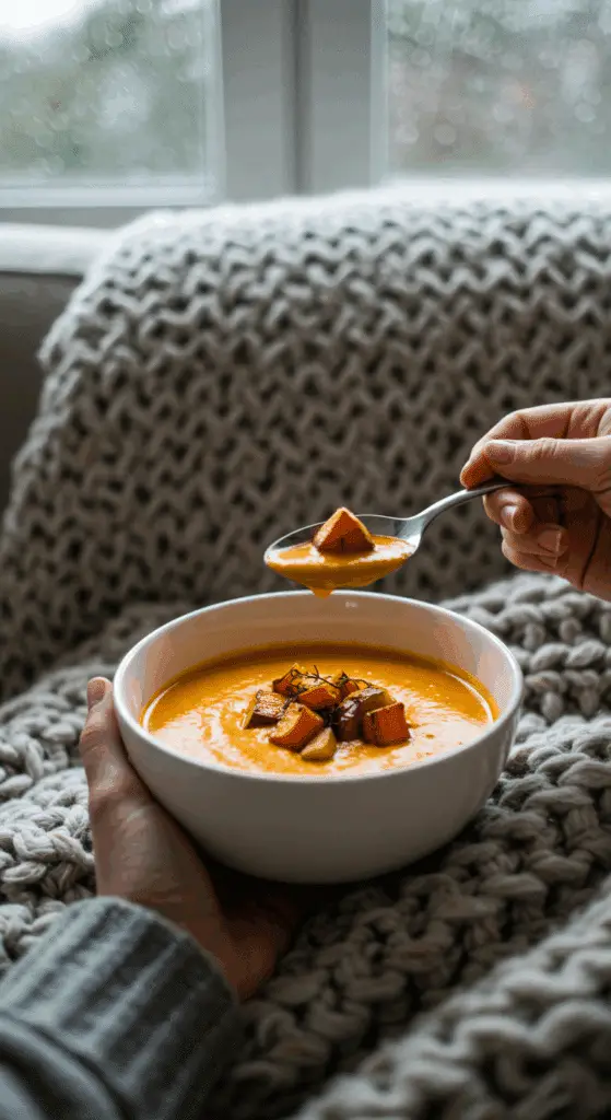A person wrapped in a cozy blanket, happily eating a warm, steaming bowl of homemade Carrot Ginger Soup.