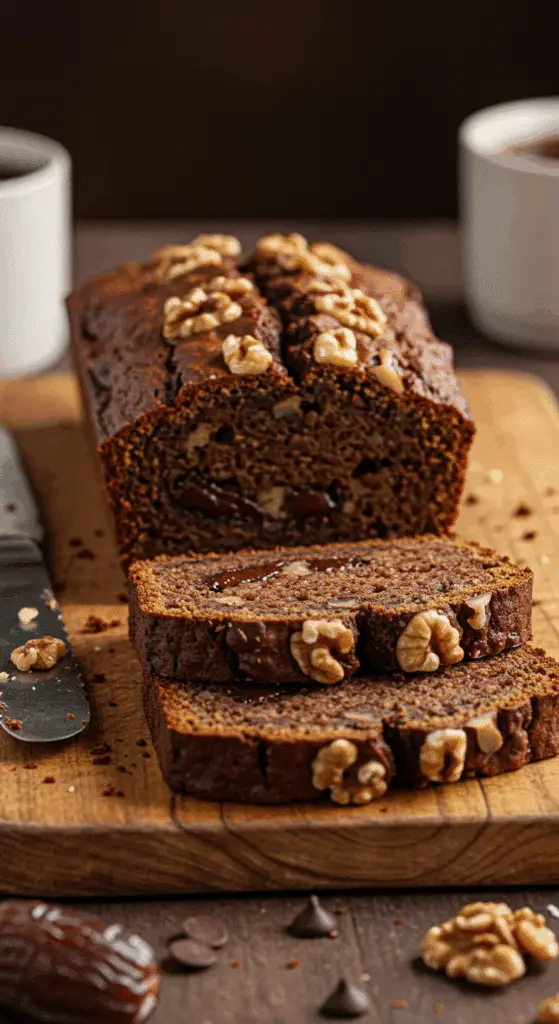 A beautiful, moist, and healthy homemade Date Cake loaf, with a few thick slices cut to show the inside.