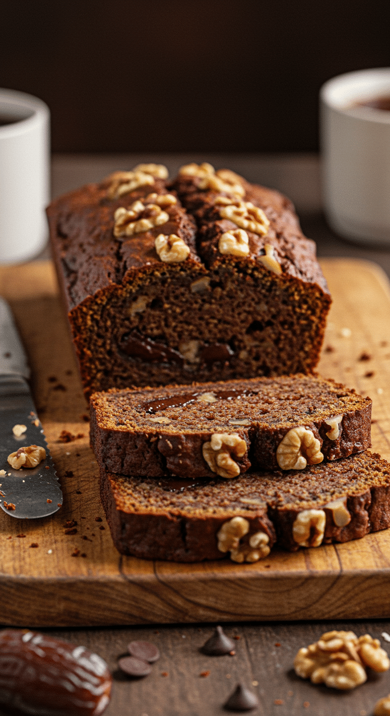 A beautiful, moist, and healthy homemade Date Cake loaf, with a few thick slices cut to show the inside.