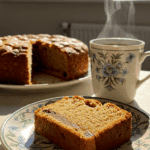 A perfect slice of homemade Healthy Date Cake being served with a hot cup of coffee.