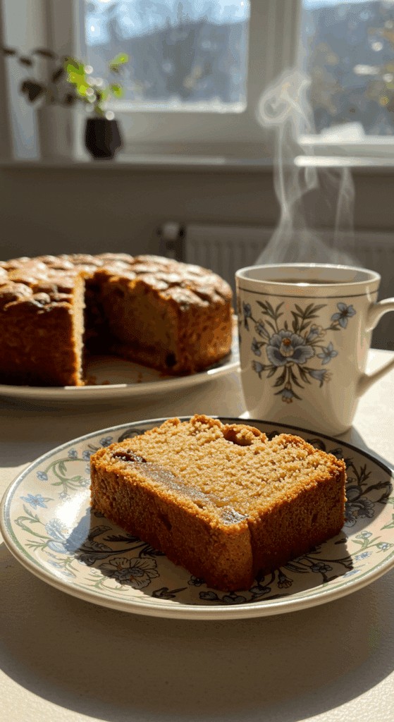 A perfect slice of homemade Healthy Date Cake being served with a hot cup of coffee.
