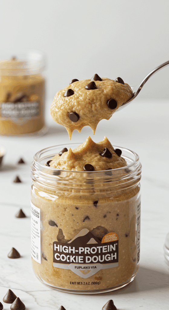 A beautiful glass jar of thick, creamy, and edible High-Protein Cookie Dough with a spoon taking a scoop.