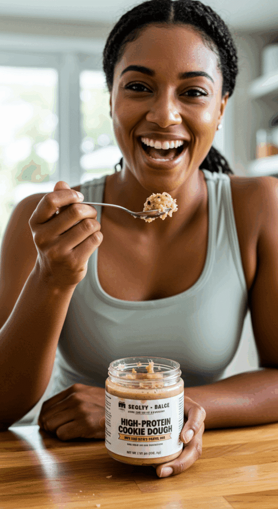 A happy person eating a jar of healthy, high-protein cookie dough as a post-workout snack.