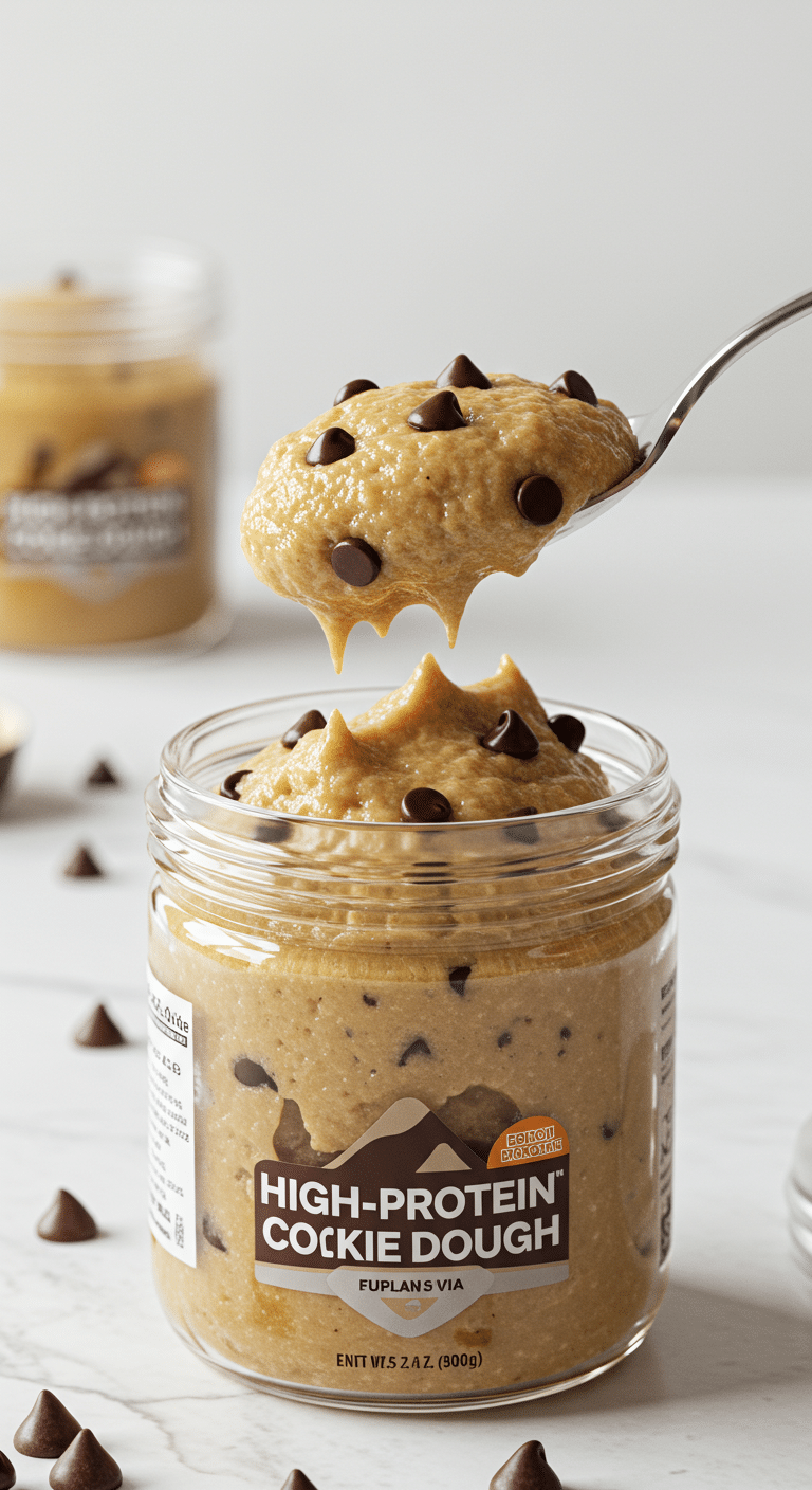 A beautiful glass jar of thick, creamy, and edible High-Protein Cookie Dough with a spoon taking a scoop.