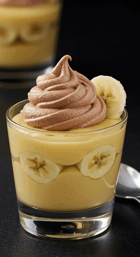 A beautiful, elegant glass of homemade, from-scratch Banana Pudding with a swirl of chocolate whipped cream.