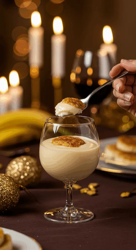 An elegant glass of homemade Banana Pudding being served as dessert at a festive dinner party.