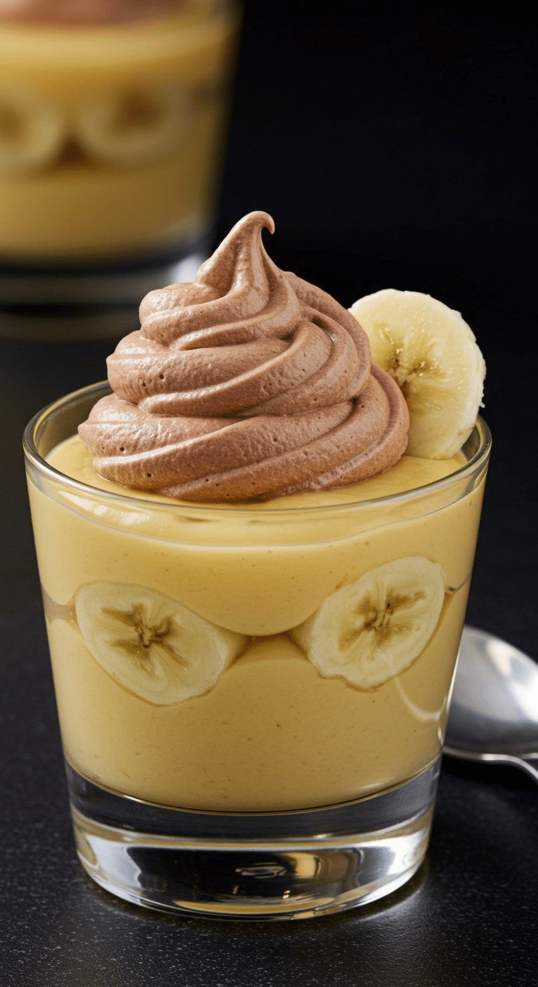 A beautiful, elegant glass of homemade, from-scratch Banana Pudding with a swirl of chocolate whipped cream.