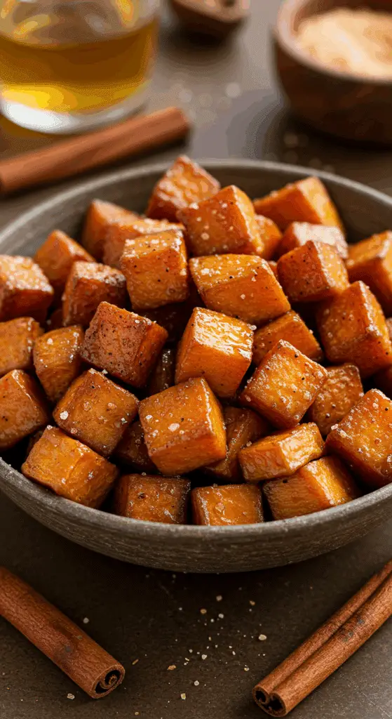 A beautiful, rustic bowl of perfectly caramelized, homemade Honey-Cinnamon Roasted Sweet Potatoes.