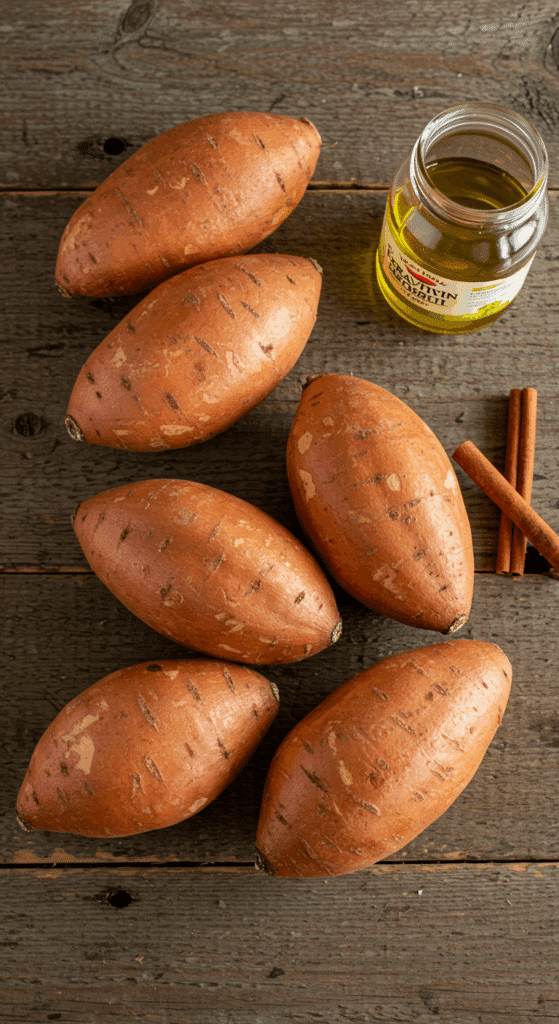 The simple, rustic ingredients for the Honey-Cinnamon Roasted Sweet Potatoes recipe.