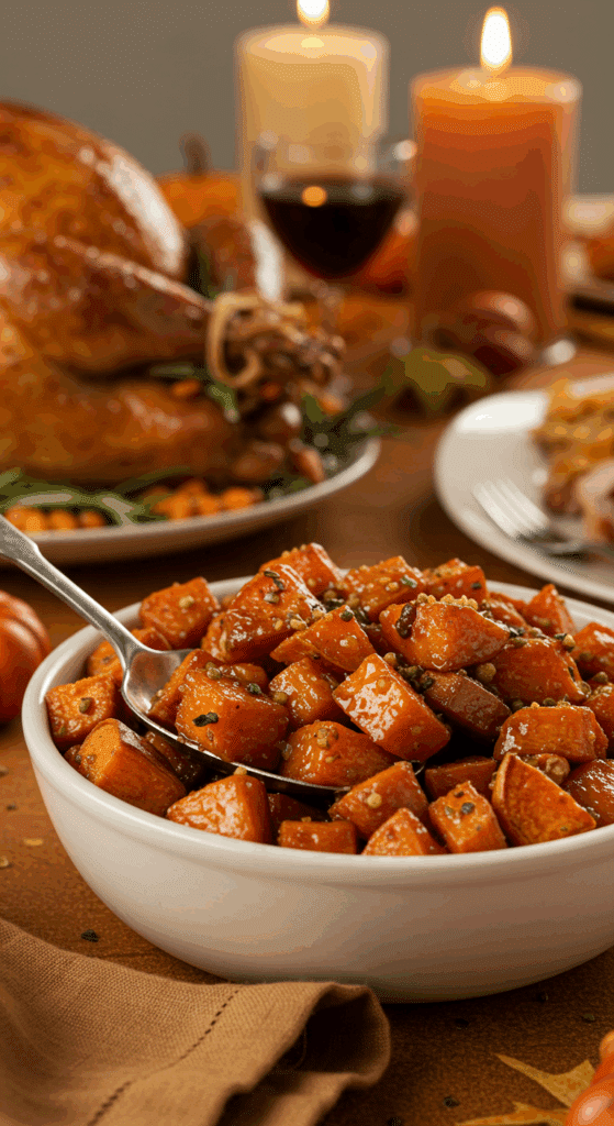 A beautiful bowl of Honey-Roasted Sweet Potatoes being served as a side dish at a festive Thanksgiving dinner.