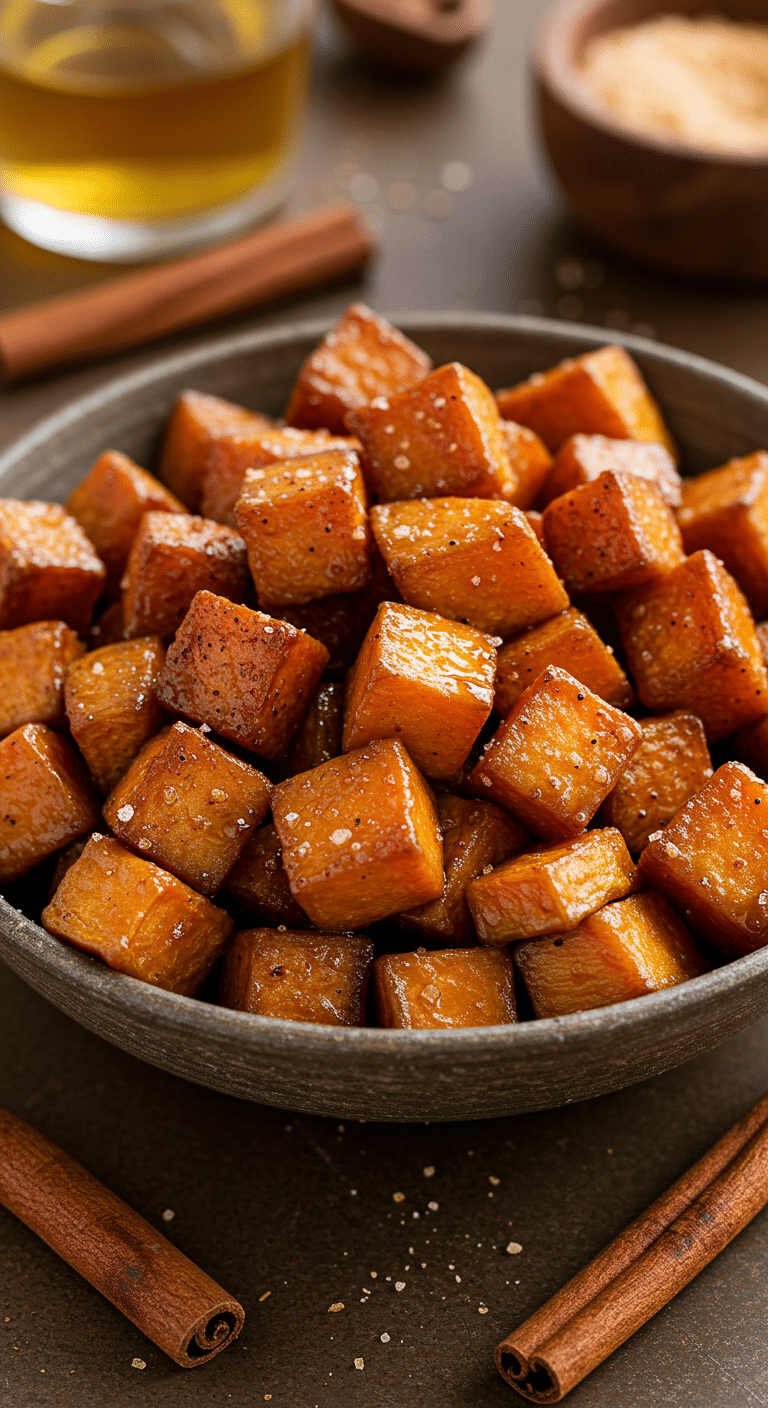 A beautiful, rustic bowl of perfectly caramelized, homemade Honey-Cinnamon Roasted Sweet Potatoes.