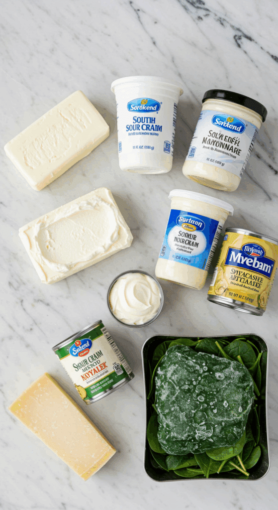 The simple, classic ingredients for the from-scratch Hot Spinach and Artichoke Dip recipe.