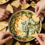 The finished bowl of Hot Spinach and Artichoke Dip being enjoyed by a group of friends at a party.