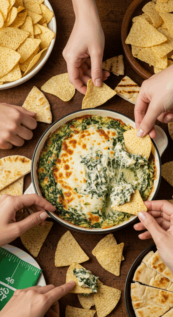 The finished bowl of Hot Spinach and Artichoke Dip being enjoyed by a group of friends at a party.