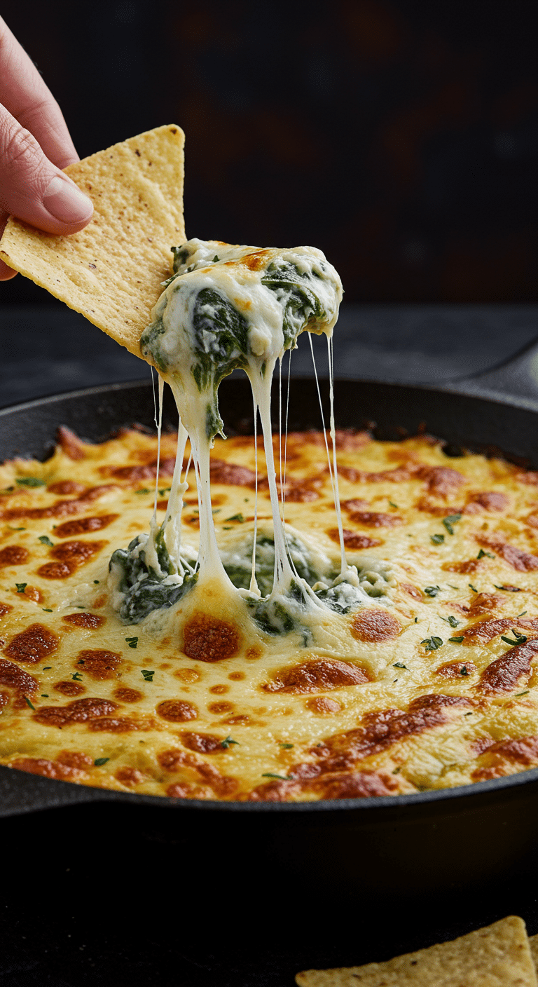 A beautiful, hot and bubbly, from-scratch Hot Spinach and Artichoke Dip in a skillet with a cheesy tortilla chip