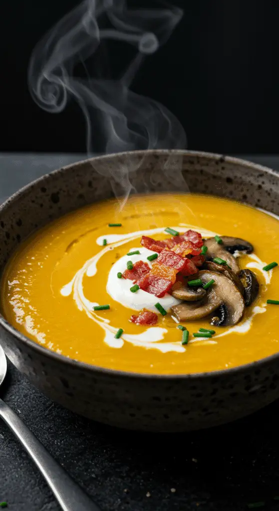 A beautiful, rustic bowl of creamy, homemade Instant Pot Butternut Squash Soup with a swirl of cream and crispy pancetta.