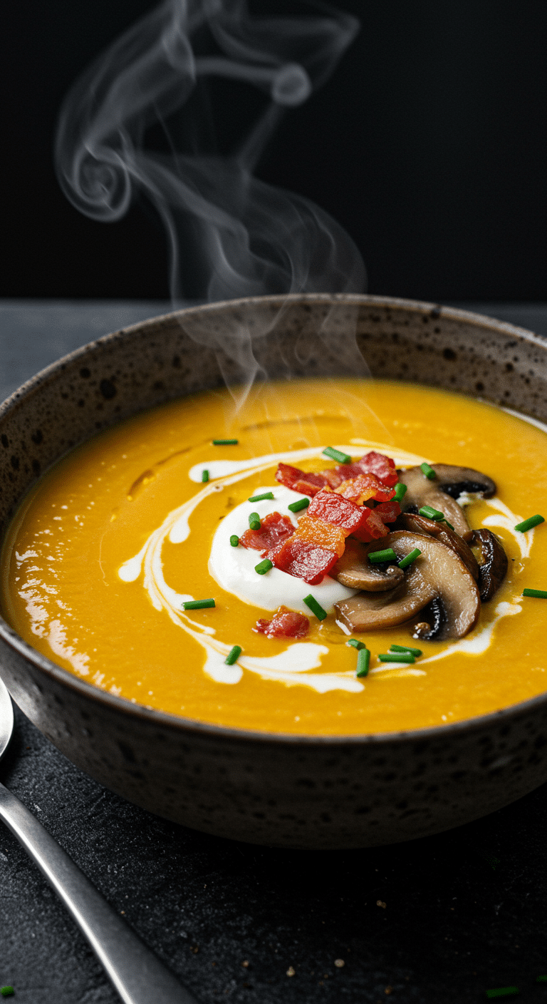 A beautiful, rustic bowl of creamy, homemade Instant Pot Butternut Squash Soup with a swirl of cream and crispy pancetta.