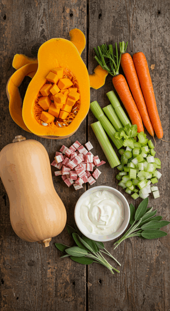 The fresh, savory ingredients for the Instant Pot Butternut Squash Soup recipe.
