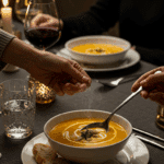 A person being served a beautiful bowl of gourmet Butternut Squash Soup at an elegant dinner party.
