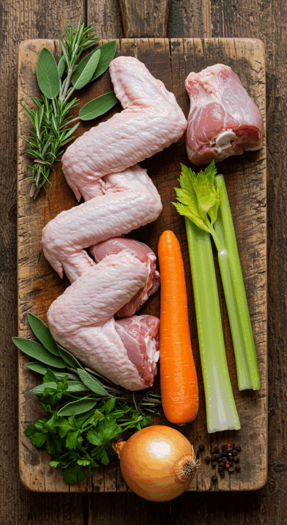 The fresh, rustic ingredients for a from-scratch Instant Pot Turkey Stock recipe.