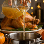 A hand pouring the rich, homemade Instant Pot Turkey Stock into a saucepan to make Thanksgiving gravy.