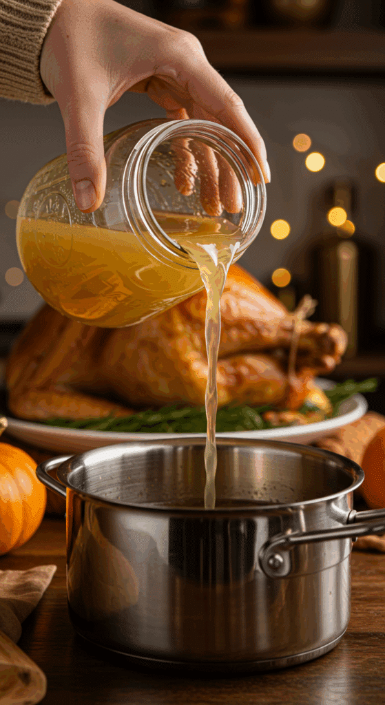 A hand pouring the rich, homemade Instant Pot Turkey Stock into a saucepan to make Thanksgiving gravy.