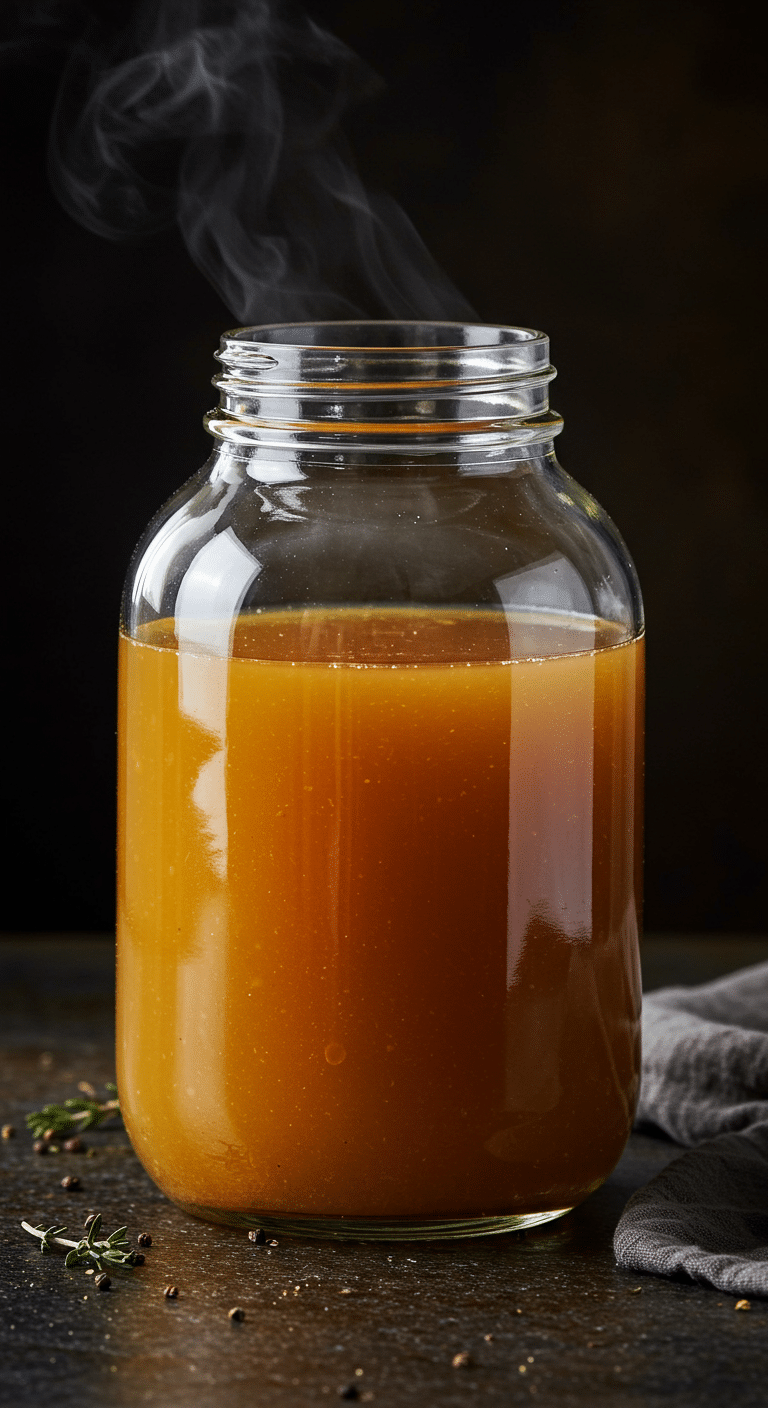 A beautiful, large glass jar filled with rich, clear, golden-brown homemade Instant Pot Turkey Stock.