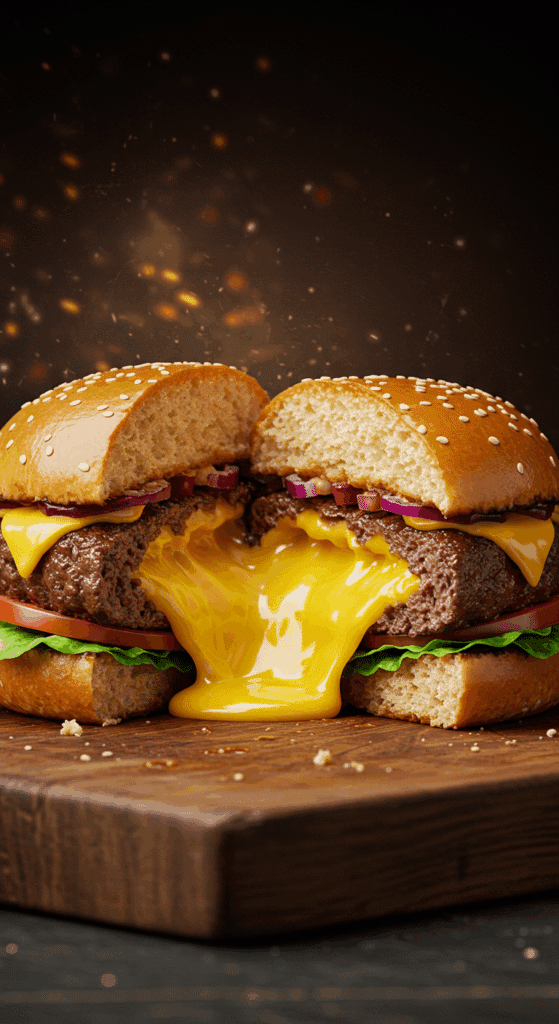 A perfectly cooked Juicy Lucy burger cut in half, with a spectacular, molten cheese core oozing out.