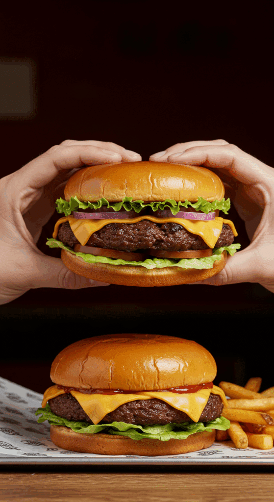 A person's hands holding a large, delicious Juicy Lucy burger, ready to take the first bite.