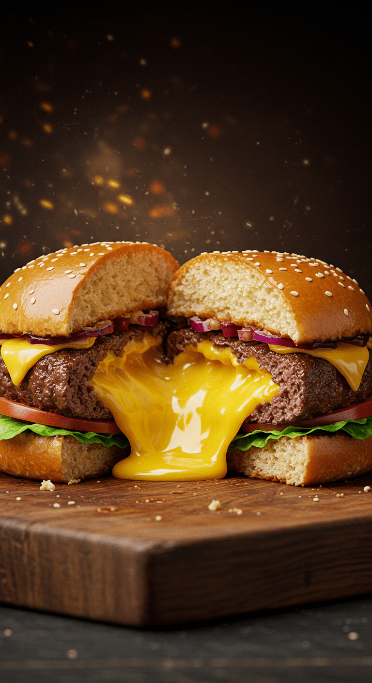 A perfectly cooked Juicy Lucy burger cut in half, with a spectacular, molten cheese core oozing out.