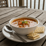 A cozy bowl of homemade Maryland Crab Soup being enjoyed on a porch with a view of the water.