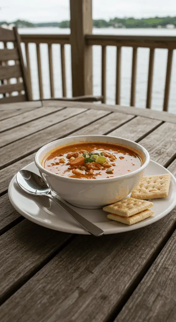 A cozy bowl of homemade Maryland Crab Soup being enjoyed on a porch with a view of the water.
