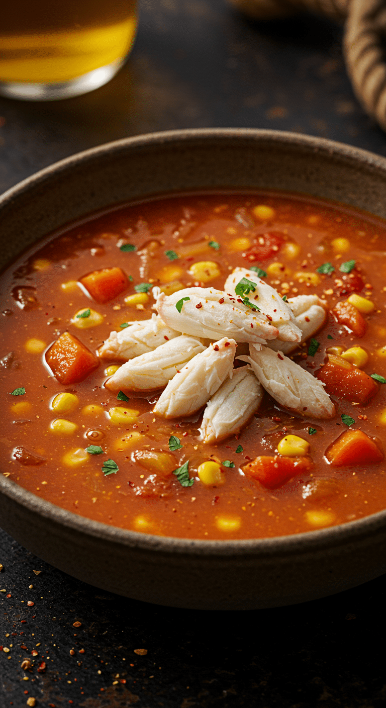 A beautiful, rustic bowl of hearty, homemade Maryland Crab Soup, packed with vegetables and large lumps of crab meat.