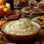 Serving a large scoop of Perfect Mashed Potatoes at a happy Thanksgiving or holiday dinner.