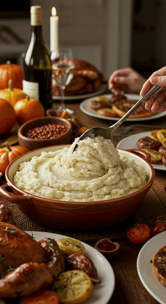 Serving a large scoop of Perfect Mashed Potatoes at a happy Thanksgiving or holiday dinner.