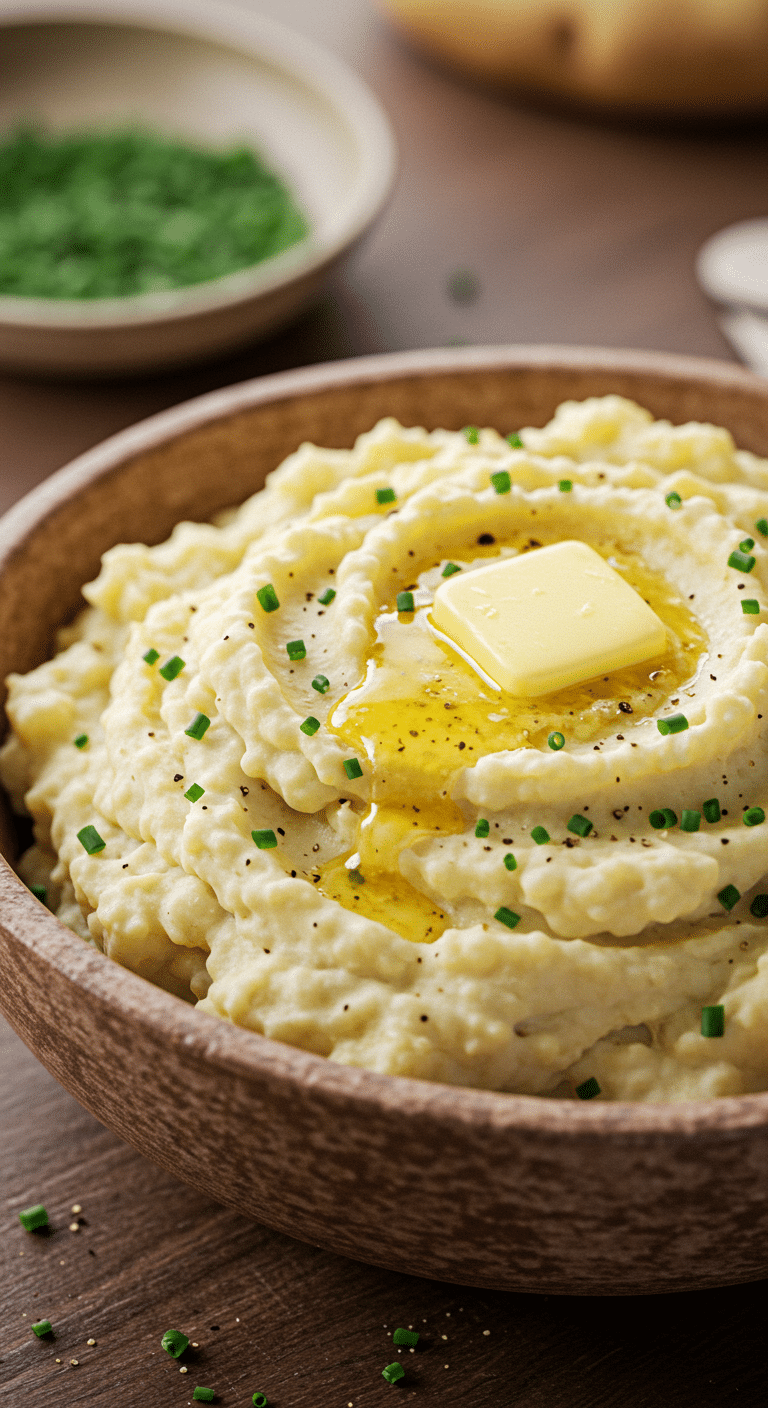 A large, rustic bowl of fluffy and creamy, Perfect Mashed Potatoes with a pat of melting butter on top.