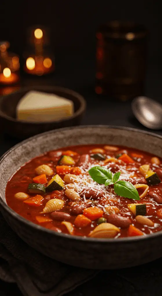 A beautiful, rustic bowl of hearty, homemade Minestrone Soup, garnished with Parmesan cheese and basil.