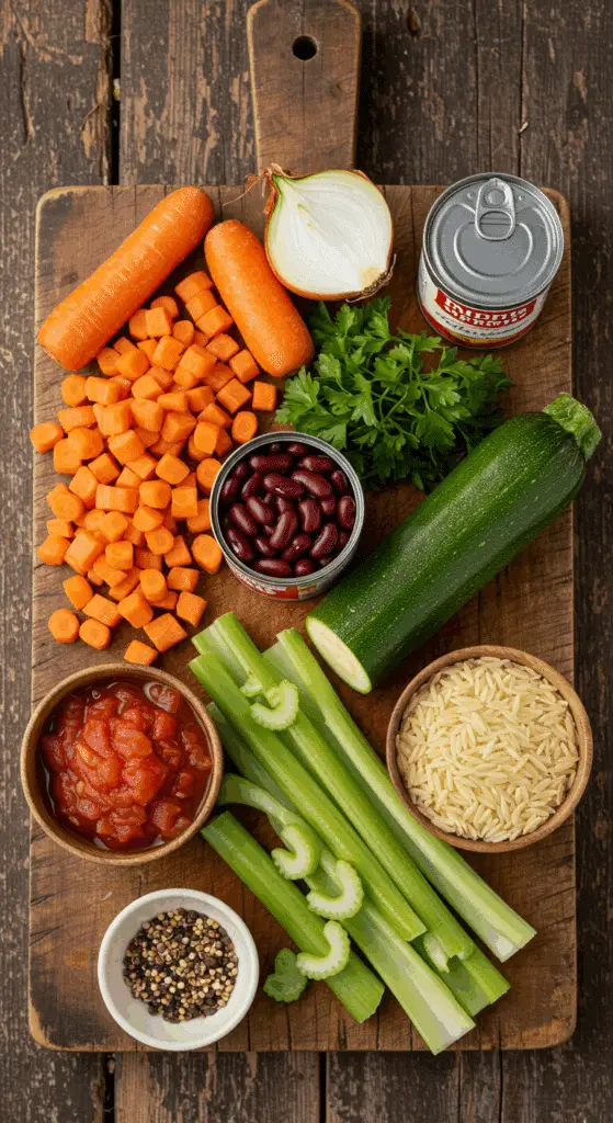 The fresh, wholesome ingredients for the hearty, from-scratch Minestrone Soup recipe.