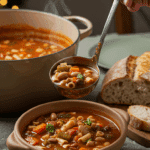 A large pot of homemade Minestrone Soup being served into a bowl at a cozy family dinner.