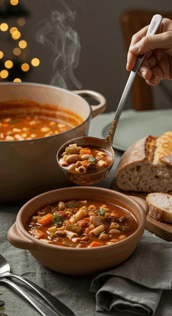 A large pot of homemade Minestrone Soup being served into a bowl at a cozy family dinner.