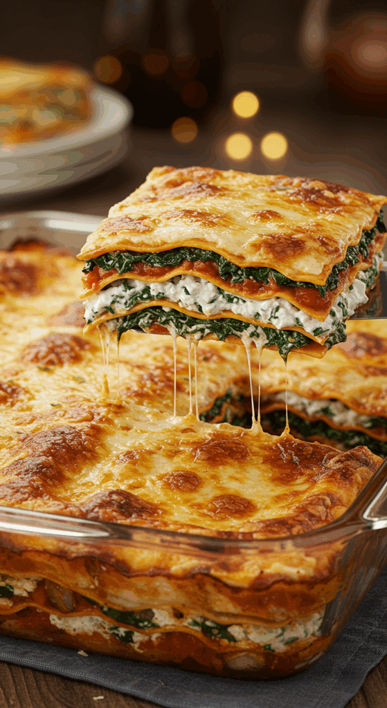 A beautiful, bubbly, golden-brown Spinach and Mushroom Lasagna with a perfect, layered slice being lifted out.