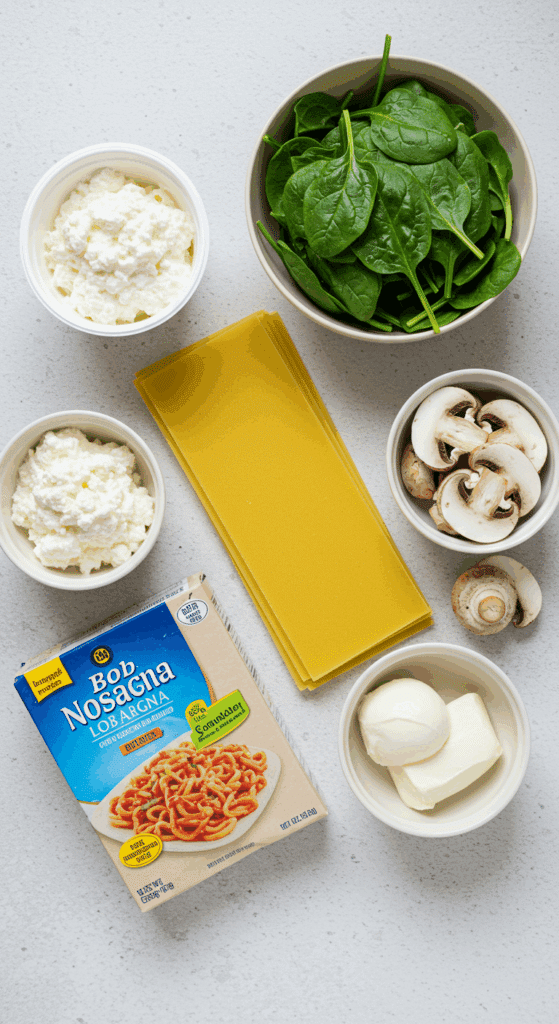 The fresh, healthy ingredients for the Spinach and Mushroom Vegetarian Lasagna recipe.