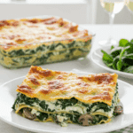 A healthy, beautiful slice of Spinach and Mushroom Lasagna served on a plate with a side salad.