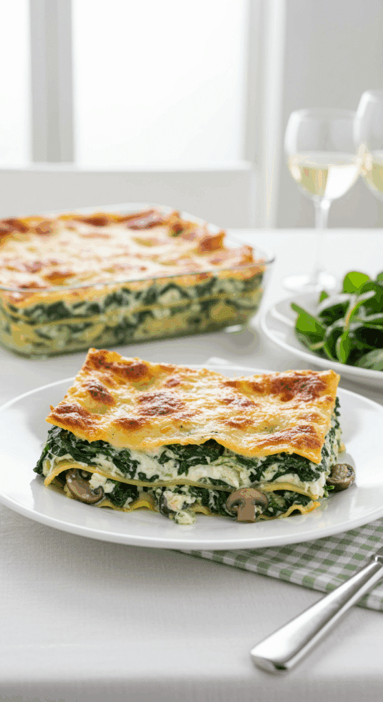 A healthy, beautiful slice of Spinach and Mushroom Lasagna served on a plate with a side salad.